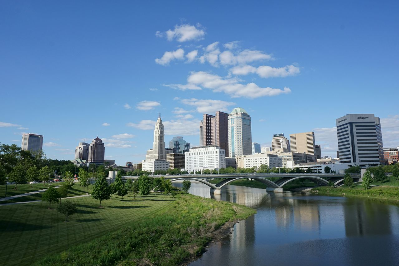 Columbus skyline across the Scioto River on a clear day