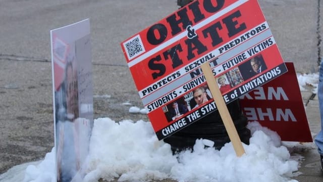 Strauss survivors protest outside Ohio State Trustees meeting
