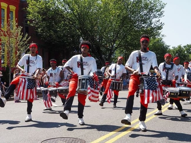 Members of the Washington, D.C.-based Ruff Ridaz Performance Percussion Squad played drums in the Capitol Hill Fourth of July Parade on Saturday, July 4, 2026 in Washington, D.C. (Photo by Ashley Murray/States Newsroom)