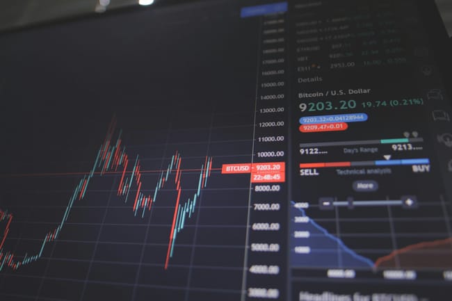 A Bitcoin trading screen displays the cryptocurrency's price against the U.S. dollar.