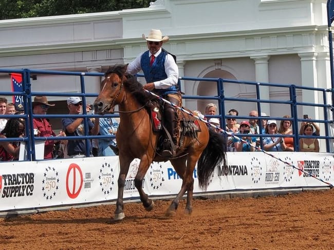 A crowd watches a rodeo on the National Mall as part of Montana's exhibit for the Freedom 250 Great American State Fair on Thursday, June 25, 2026. (Photo by Ashley Murray/States Newsroom)