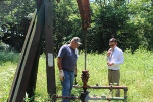 Marietta Bob Wilson, an oil producer in Washington County (left) and Ohio state Rep. Tristan Rader, D-Lakewood (right). (Photo by Megan Henry, Ohio Capital Journal).