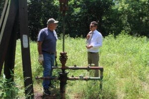 Marietta Bob Wilson, an oil producer in Washington County (left) and Ohio state Rep. Tristan Rader, D-Lakewood (right). (Photo by Megan Henry, Ohio Capital Journal).