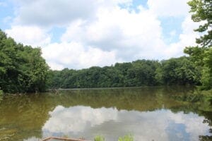 Veto Lake in Washington County on July 7, 2026. An abandoned well in Veto Lake — less than a mile from Redbird— blew out in 2021. (Photo by Megan Henry, Ohio Capital Journal).