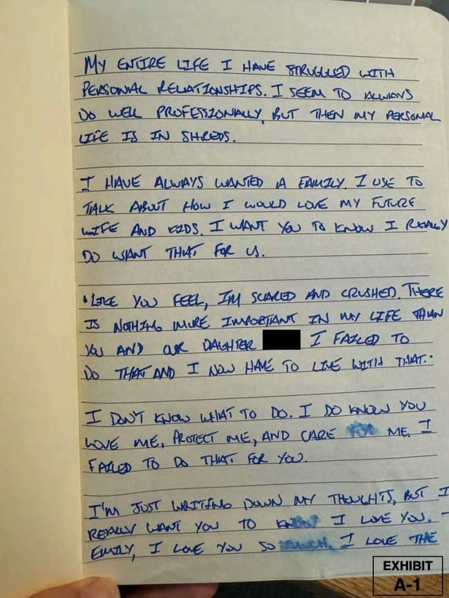 Exhibit A-1, attached to Emily Moreno's sworn affidavit: a page from the handwritten letter her motion says Rep. Max Miller wrote her the same day as the June 2024 incident. The letter reads in part, "I do know you love me, protect me, and care for me. I failed to do that for you." Miller's defamation complaint alleges that Moreno caused the Daily Mail to publish defamatory claims about this letter; her motion argues the letter is in Miller's own handwriting and that the phrase "failing to protect" is subject to innocent interpretations and therefore not defamatory.