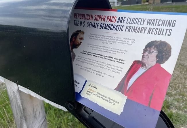 An election mailer paid for by Graham Planter’s campaign for U.S. Senate. (Photo by Lauren McCauley/ Maine Morning Star)