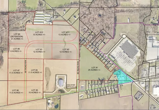 A City of Tiffin Engineering Department concept plan splits roughly 149 acres of Hopewell Township into 11 industrial lots. The document is undated. The mayor calls it “a drawing, a sketch, nothing official.”