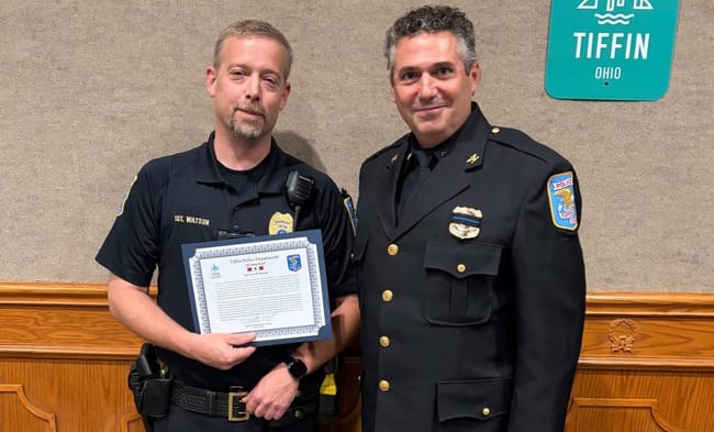 During Tiffin City Council’s meeting Monday evening, Police Chief David Pauly recognized Sgt. Jared Watson with the department’s Life Saving Award for an incident on July 1.