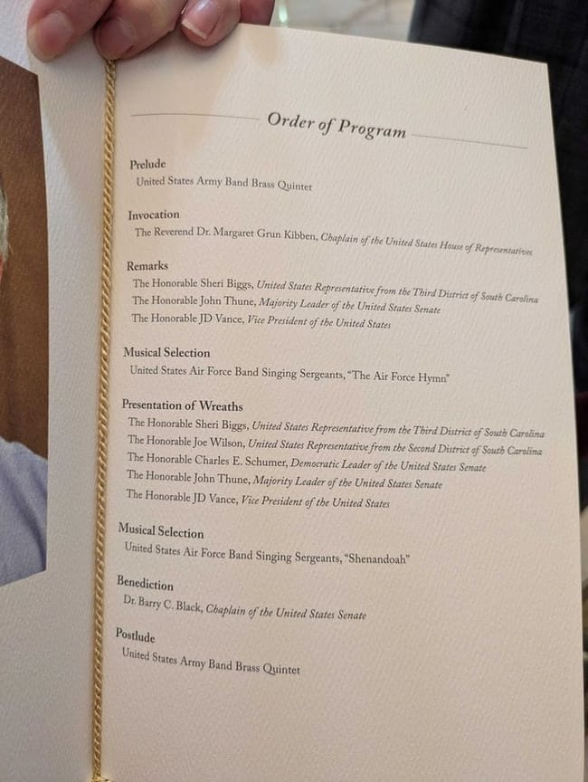 The program for the service for the late Sen. Lindsey Graham, R-S.C., at the U.S. Capitol on Tuesday, July 28, 2026. (Photo by Ashley Murray/States Newsroom)