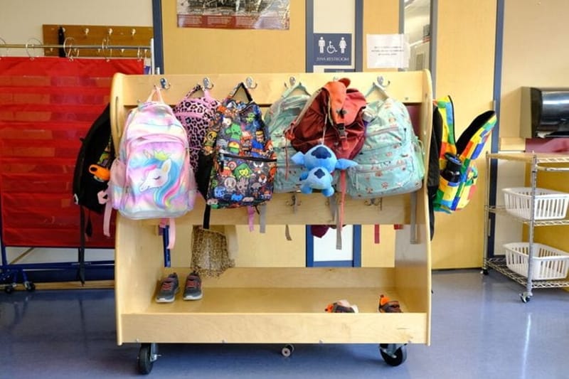 Student backpacks seen on the first day of school last year at Harborview Elementary School in Juneau, Alaska. Fifteen Democratic-led states are suing the Trump administration over cuts to a $1 billion school mental health grant program. (Photo by Corinne Smith/Alaska Beacon)
