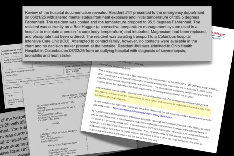 At least 11 plaintiffs have filed lawsuits since 2024 accusing Arbors at Ohio facilities of negligence or medical errors that caused patients’ deaths, according to thousands of pages of court records. Credit: Signal Ohio