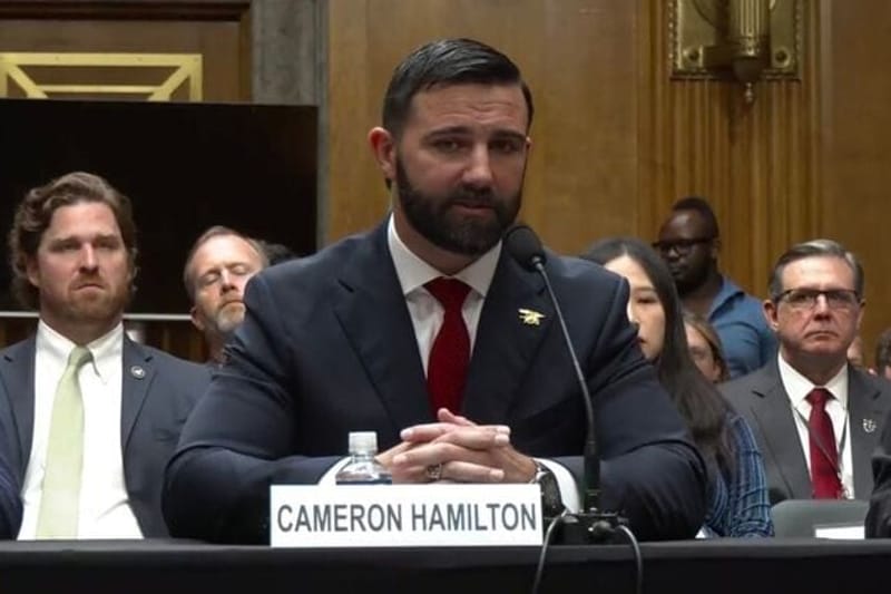 FEMA nominee Cameron Hamilton testifies before the U.S. Senate Homeland Security and Governmental Affairs Committee on June 17, 2026. (Screenshot from committee webcast)