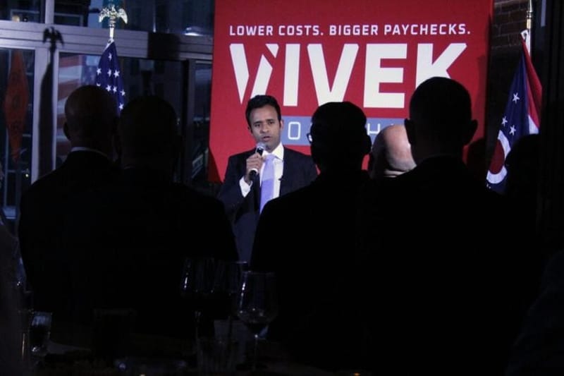 Ohio Republican nominee for governor Vivek Ramaswamy addressing supporters at his election night victory party in Columbus, Ohio. (Photo by Nick Evans, Ohio Capital Journal.)