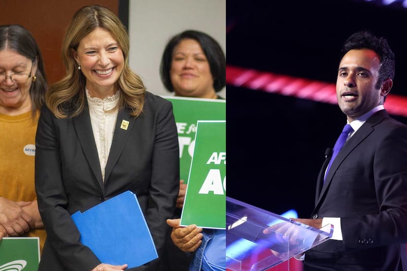 Dr. Amy Acton, left, Democratic candidate for Ohio governor in 2026. And Republican businessman Vivek Ramaswamy, right, who has been officially endorsed for governor by the Ohio Republican Party. (Photos/Graphic by Ohioans for Amy Acton, Gage Skidmore CC BY-SA)