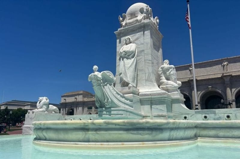 The Christopher Columbus Memorial Fountain outside of Union Station in Washington, D.C., on June 16, 2026. The Columbus Circle fountain is one of nine ornamental fountains in Washington, D.C. that have recently undergone improvements reportedly funded in part by National Park Service fees. (Photo by Amelia Twyman/States Newsroom)