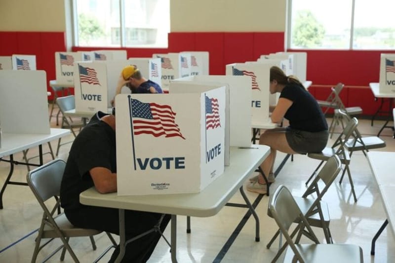 Voters fill out their ballots at a Sioux Falls polling place during the South Dakota primary election on June 2, 2026. (Photo by Makenzie Huber/South Dakota Searchlight)