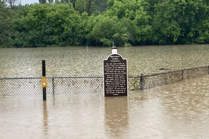 A potters field, or mass grave from a decommissioned mental health hospital, completely flooded in Wauwatosa. (Photo courtesy of Baiba Rozite)