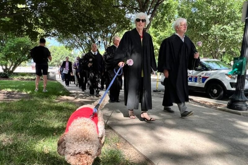 Carlo, the 19-month-old dog of former Ohio Supreme Court chief justice Maureen O'Connor, walks with her, former justice Michael P. Donnelly, and other justices and judges on Wednesday. The group walked to the Ohio Supreme Court building as part of Justice in Motion, a movement urging preservation of judicial independence. (Photo by Susan Tebben / Ohio Capital Journal)