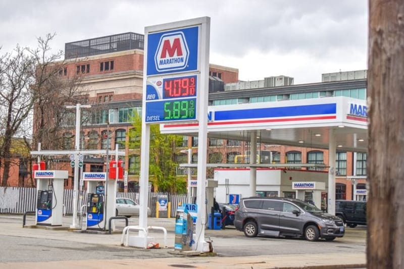 Unleaded gas is $4.09 per gallon at the Marathon station on Point Street in Providence, Rhode Island on April 30, 2026. (Photo by Christopher Shea/Rhode Island Current)