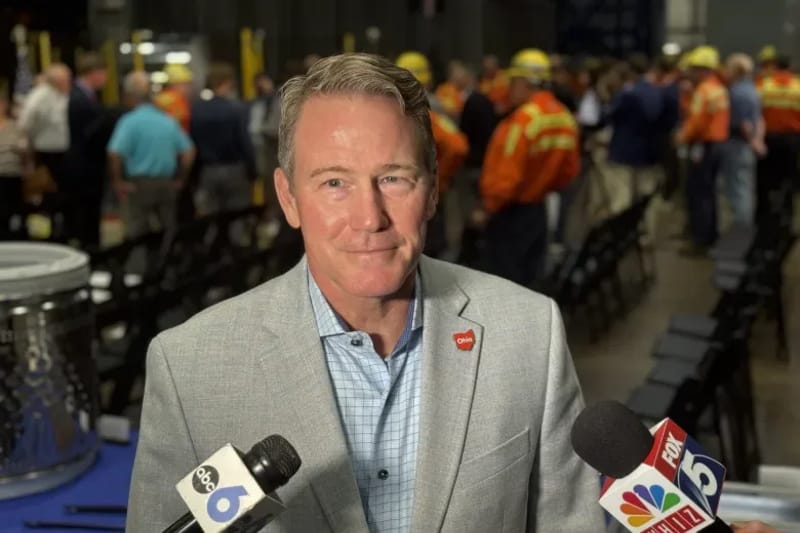 U.S. Sen. Jon Husted speaks with reporters on Wednesday, July 2, 2025 at a Cleveland Cliffs steel plant in Coshocton, Ohio. Credit: Andrew Tobias / Signal Statewide