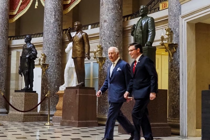 King Charles III and U.S. House Speaker Mike Johnson, R-La., walk through the U.S. Capitol on April 28, 2026, before Charles’ address to Congress. (Photo by Ashley Murray/States Newsroom)
