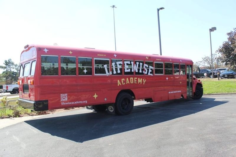 A LifeWise Academy bus, photographed on Sept. 19, 2025. LifeWise is a Hilliard-based religious instruction program that operates in 34 states and plans to enroll nearly 100,000 students during the 2025-26 school year. (Photo by Megan Henry, Ohio Capital Journal).