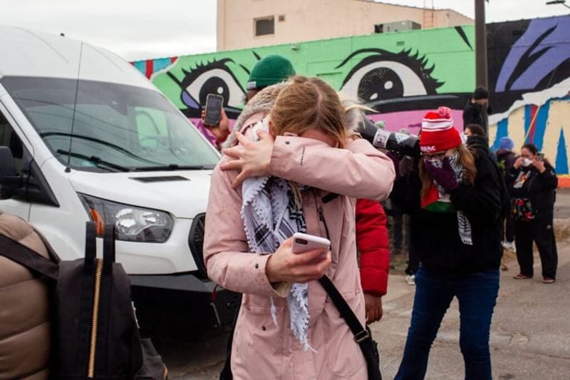 A demonstrator, visibly doused in pepper spray, reacts during a federal raid at Bro-Tex, a paper distributor St. Paul Tuesday, Nov. 18, 2025. Courageous citizenship may again be required this year to ensure a free and fair election. (Photo by Nicole Neri/Minnesota Reformer)