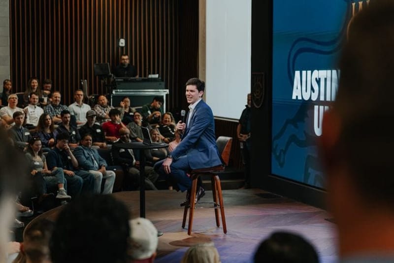 Connor Champion, president of Austin Christian University in Texas, addresses students at the school. Some of the nation’s biggest megachurches are getting into the college business, prioritizing hands-on job training and church culture over a more traditional liberal arts focus. (Courtesy of Austin Christian University)