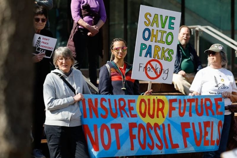 Activists from Save Ohio Parks protest fracking under state parks and wildlife areas, in Columbus, Ohio. (Photo by Graham Stokes for Ohio Capital Journal. Republish photo only with original article.)