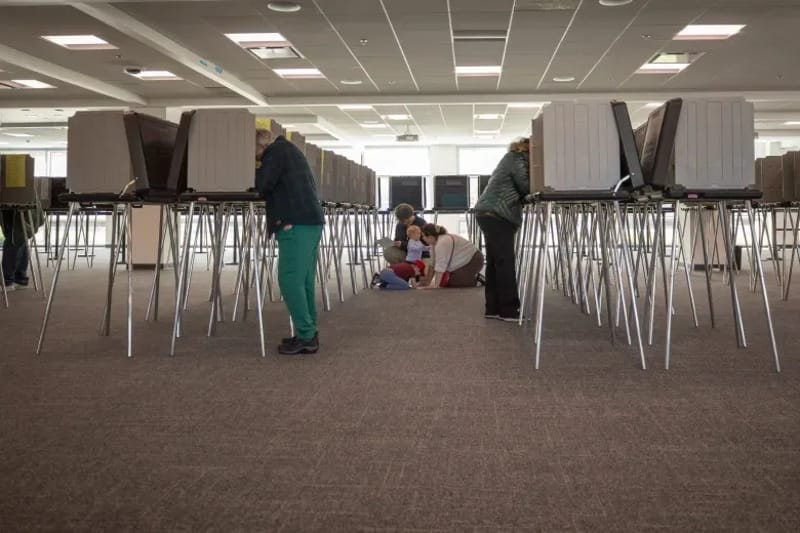 Voters cast early ballots at the Cuyahoga County Board of Elections in Cleveland on April 30, 2026. (Photo: Mark Naymik / Signal Cleveland)