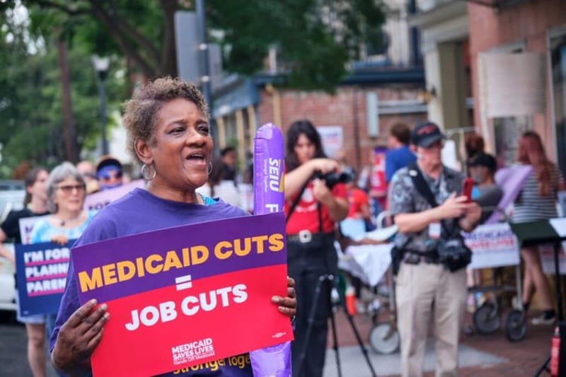 Advocates gather to protest Medicaid cuts. Medicaid covers nearly two-thirds of Black babies’ births in the U.S., federal data shows, and congressional cuts to the program are limiting reproductive health care in Black and low-income communities. (Photo by Bert Shepherd/Courtesy of Protect Our Care PAC)