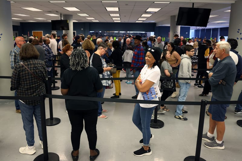 Voters wait in line at the Cuyahoga County Board of Elections to cast their ballots ahead of the November 2024 election. (Photo: Jeff Haynes / Signal Cleveland)
