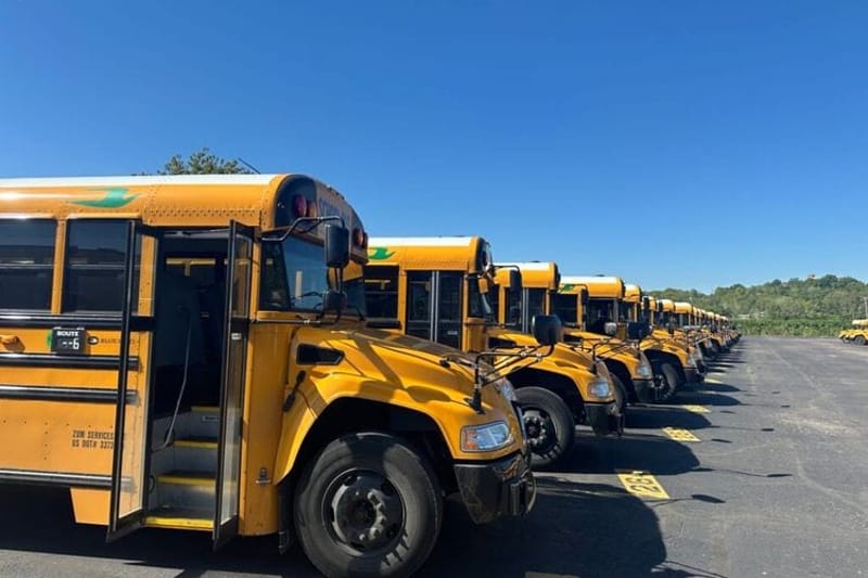 School buses lined up.(Photo by Kevin Hardy/Stateline.)