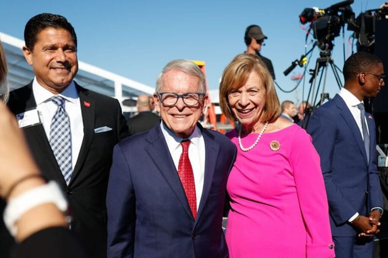 President and CEO of JobsOhio J.P. Nauseef (left) with Gov. Mike DeWine and First Lady Fran DeWine at a groundbreaking ceremony for Intel’s semiconductor manufacturing site, September 9, 2022, in Licking County, Ohio. (Photo by Graham Stokes for the Ohio Capital Journal. Republish photo only with original story.)