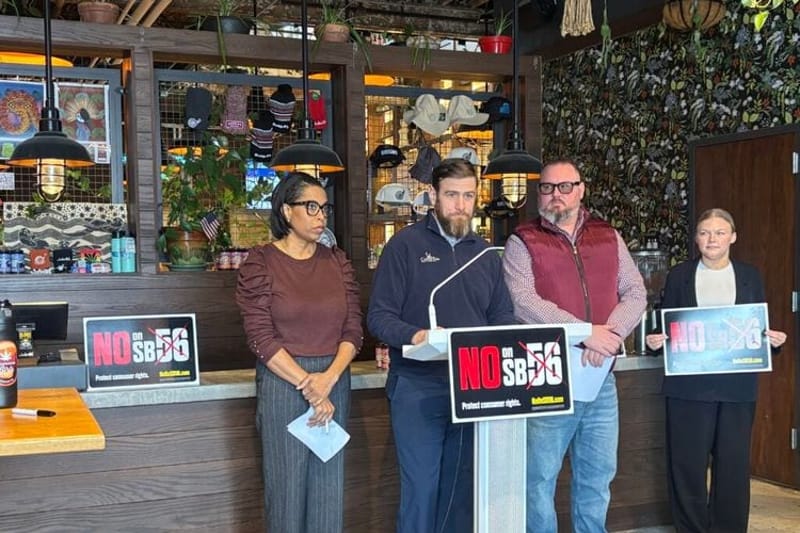 Joey Ellwood, a hemp farmer in Tuscarawas County, prepares to speak at a press conference for Ohioans for Cannabis Choice on Feb. 9, 2026. (Photo by Megan Henry, Ohio Capital Journal.)