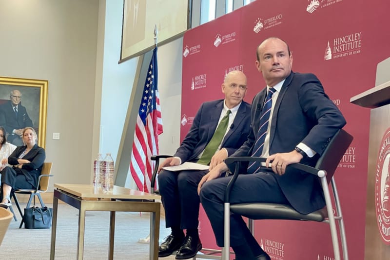 U.S. Sen. Mike Lee, a Utah Republican, participates in a forum hosted by the Sutherland Institute at the University of Utah’s Hinckley Institute of Politics on Oct. 14, 2024. (Katie McKellar/Utah News Dispatch)