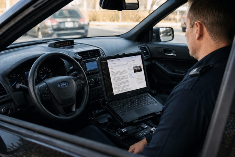 A police officer’s body-camera footage is transcribed directly into the ReportAI interface developed by software company Mark43. Police departments across the country are increasingly turning to artificial intelligence to help draft reports, analyze evidence and manage massive amounts of digital data from body cameras, surveillance systems and case files. (Photo courtesy of Mark43)