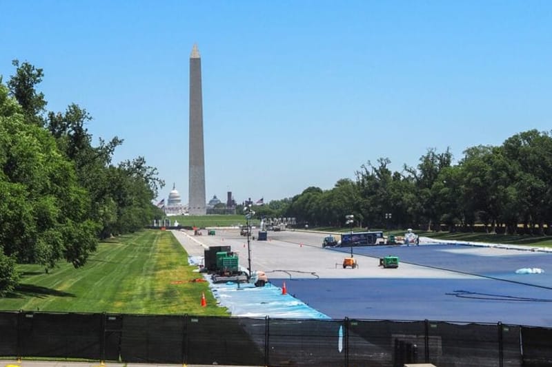 Construction work at the Lincoln Memorial Reflecting Pool on May 5, 2026. (Photo by Ashley Murray/States Newsroom)