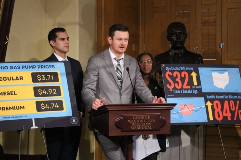Ohio state Rep. Tristan Rader, D-Lakewood, speaking at an energy affordability press conference. (Photo by Nick Evans, Ohio Capital Journal.)