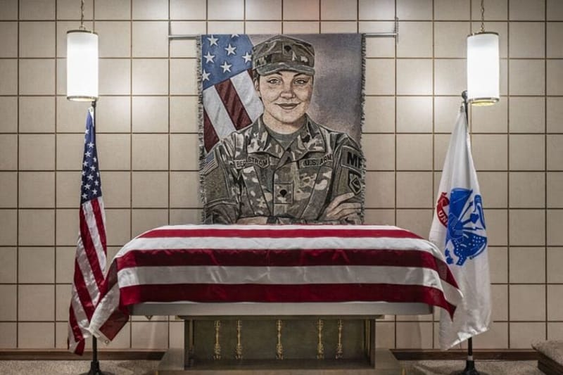 Army Spc. Sarah Beckstrom’s casket is displayed at a funeral home in her hometown of Webster Springs, West Virginia, on Dec. 5, 2025. (Photo courtesy of the U.S. Department of Defense)