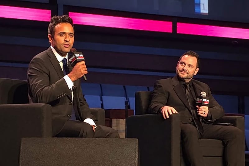 A photo posted by Jack Windsor shows Windsor seated onstage with Republican gubernatorial nominee Vivek Ramaswamy during the Oct. 2 ‘Battleground Ohio’ event in Westerville. (Photo via Jack Windsor/Facebook)