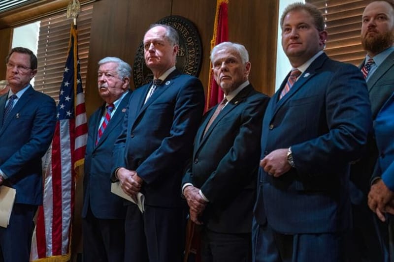 Tennessee Republican leaders unveil their “Immigration 2026” agenda at a news conference in January. Tennessee and other conservative states are mandating that state and local social service providers verify and report the immigration status of the people they serve — in some cases threatening stiff penalties for public employees who fail to comply. (Photo by John Partipilo/ Tennessee Lookout)