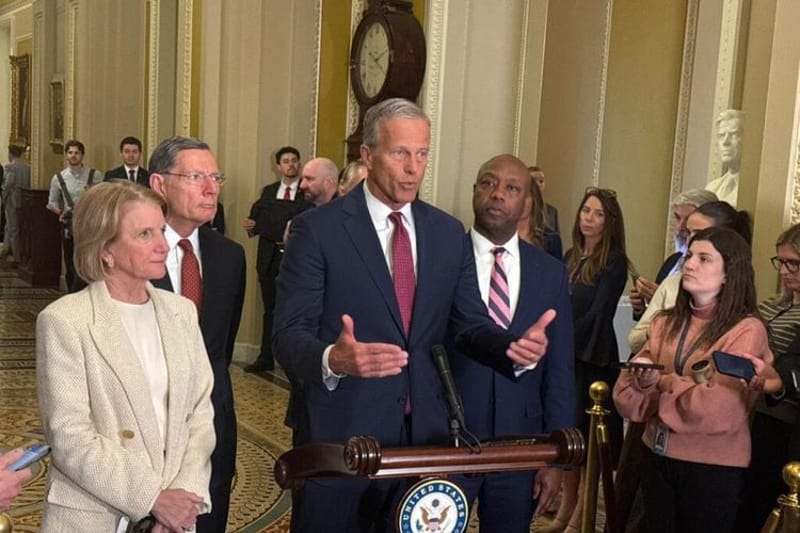 Senate Majority Leader John Thune, R-S.D., talks to reporters at the U.S. Capitol on March 3, 2026. (Photo by Jennifer Shutt/States Newsroom)