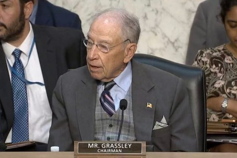 Sen. Chuck Grassley, R-Iowa, at a Senate Judiciary Committee meeting on Thursday, July 23, 2026 criticized committee Democrats opposed to the nomination of Todd Blanche as attorney general. (Screenshot from committee webcast)