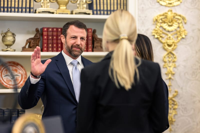 Then-Attorney General Pam Bondi swears in Markwayne Mullin as Secretary of Homeland Security, Tuesday, March 24, 2026, in the Oval Office. (Photo: U.S. Govt/Public Domain Image)