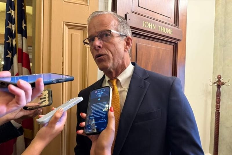 U.S. Senate Majority Leader John Thune, R-S.D., said on Tuesday, June 16, 2026, he’s heard the president's deal with Iran sets up a 60-day framework for negotiators to reach agreement on more specifics. In this photo, Thune speaks with reporters on Capitol Hill on Sept. 19, 2025. (Photo by Jennifer Shutt/States Newsroom)