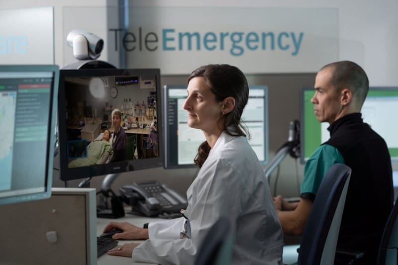 Providers give emergency care to patients via telehealth at Dartmouth Health, based in Vermont and New Hampshire, which announced last month it would lay off 124 employees and cancel 303 positions. Nationwide, health care jobs continued to grow in September but at a lower pace as hospitals continued to seek financial stability. (Photo courtesy of Dartmouth Health)
