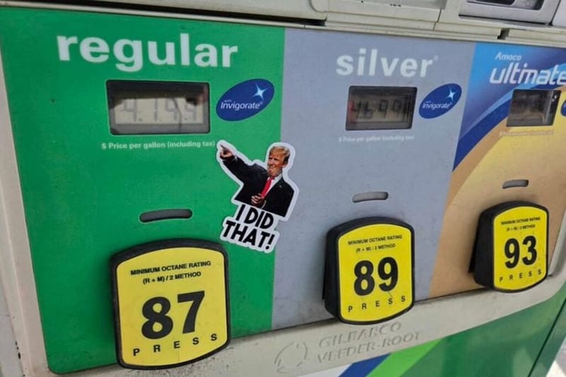 A sticker affixed to a gas pump in North Carolina blames President Donald Trump for the high prices. Lawmakers in several states are suspending gas taxes or rolling back regulations on diesel fuel as voters grow increasingly frustrated with rising fuel costs. (Photo by Clayton Henkel/NC Newsline)
