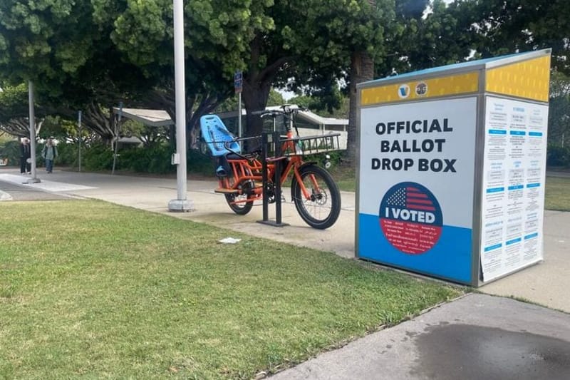 A ballot drop box sits outside the library at Virginia Avenue Park in Santa Monica, California, on July 14, 2026. (Photo by Greg LaRose/Louisiana Illuminator)