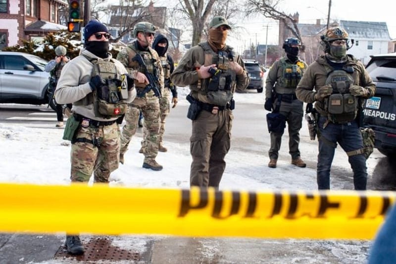 Federal agents on patrol in Minneapolis, Minnesota in January. (Photo by Nicole Neri/Minnesota Reformer)